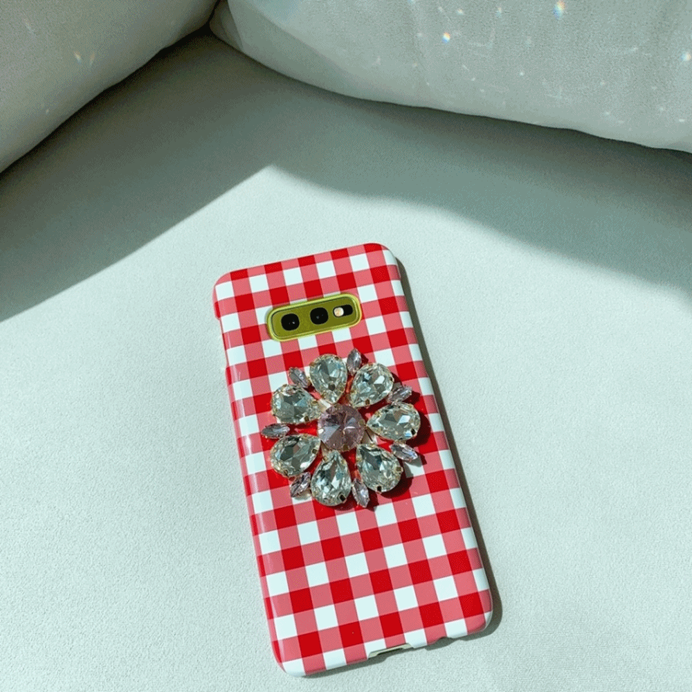 레드체크 꽃보석 큐빅 z플립 폴드 아이폰 갤럭시 특이한 우정 생일선물 핸드폰케이스